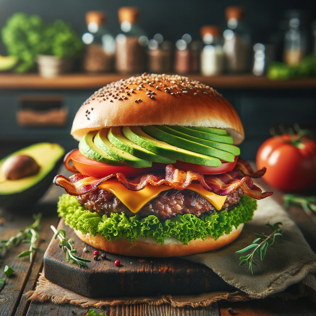 A gourmet burger with sesame seed bun with layers of ingredients including lettuce, a beef patty, melted cheese, crispy bacon, tomato slices, and sliced avocado, presented on a wooden board with fresh herbs and a whole tomato in the background.