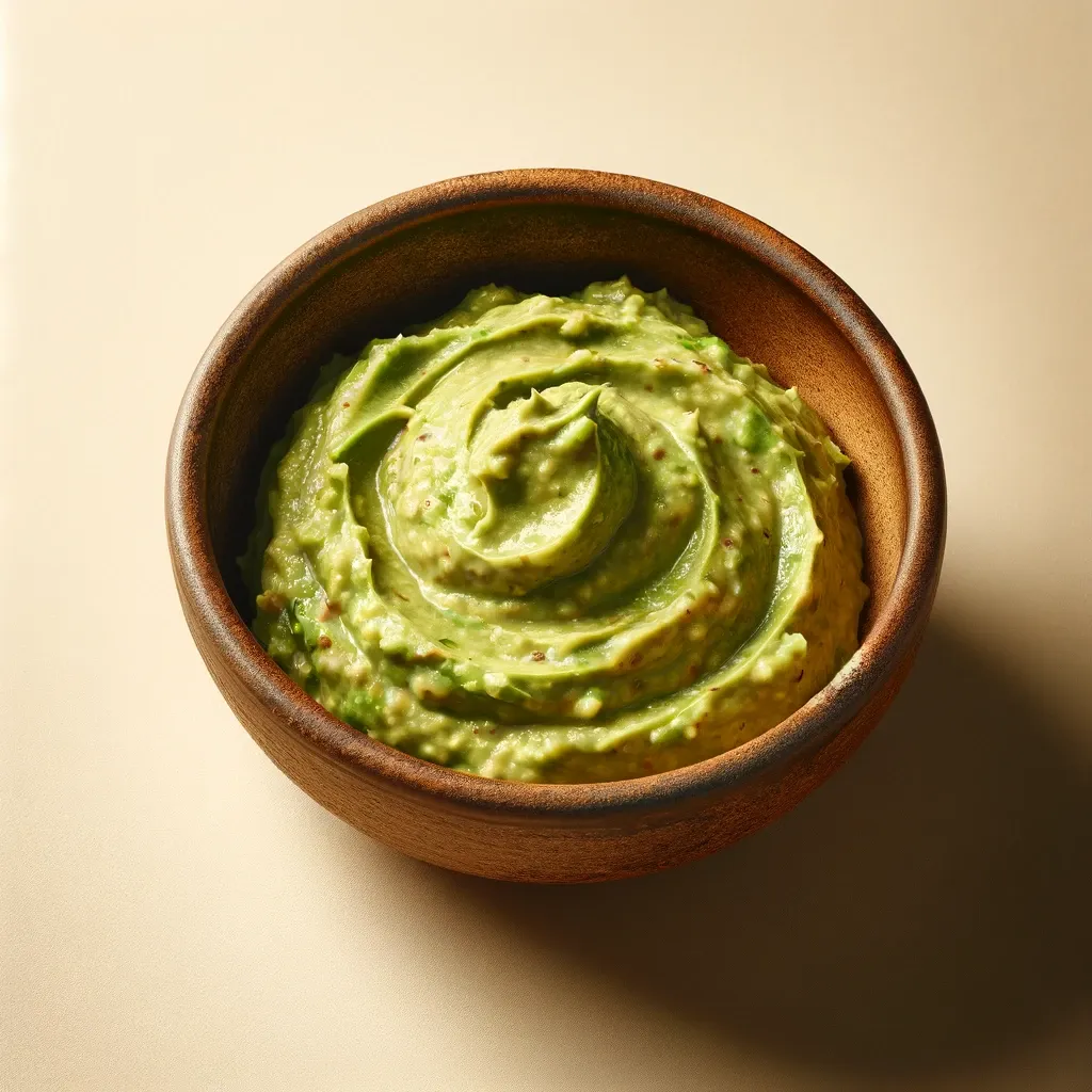 A smooth, evenly mashed avocado blend sits elegantly in a rustic, dark brown wooden bowl, presenting a simple yet inviting appearance. The bowl's surface reflects a soft light, accentuating the creamy texture of the avocado mash.