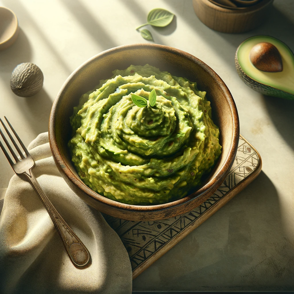 A rustic kitchen scene with a bowl of creamy avocado mash garnished with a sprig of herb in the center. Natural light casts a warm glow over the scene, highlighting the rich textures and earth-toned pottery.