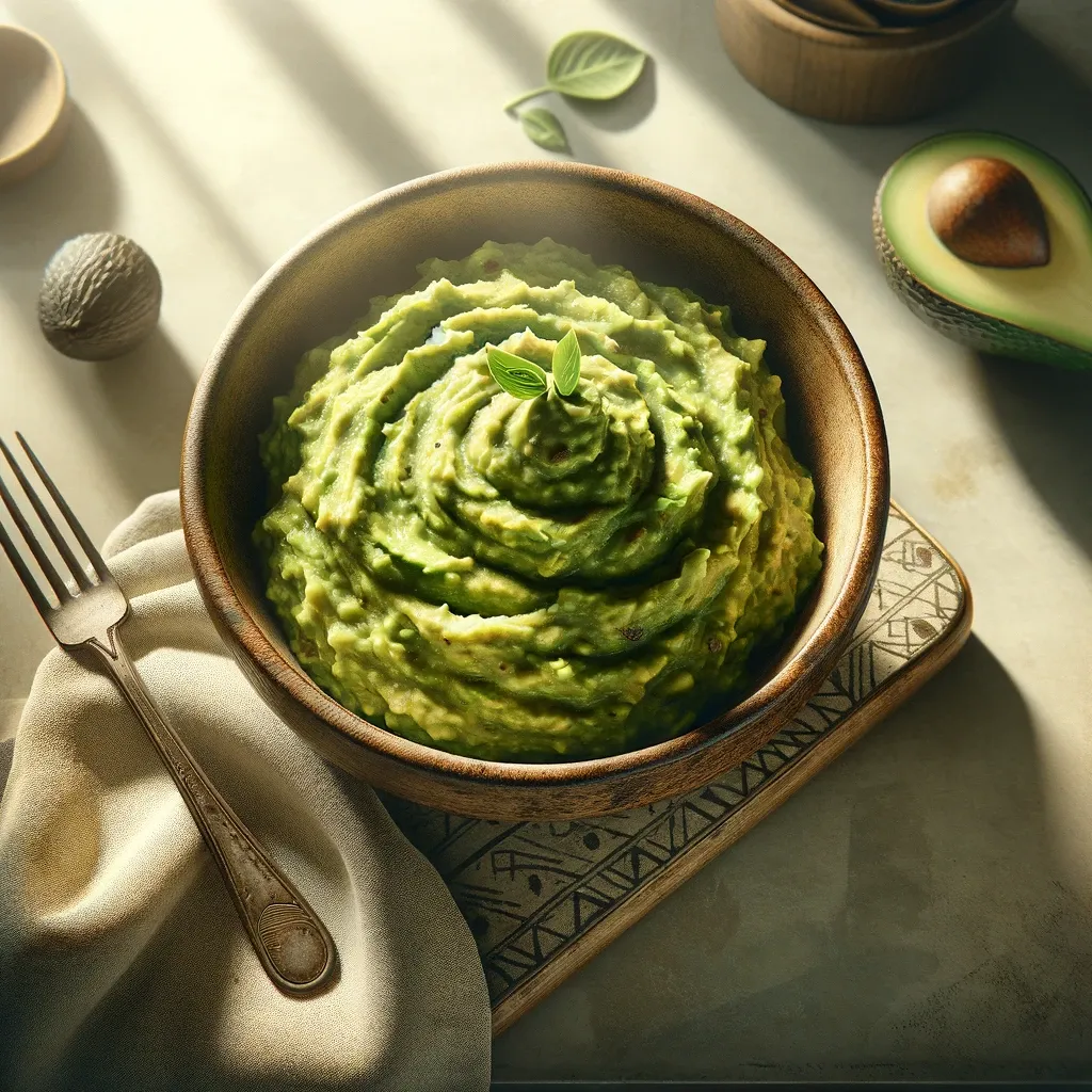 Artfully presented, this avocado mash swirls inside a ceramic bowl with a natural, earthy finish. The bowl is placed on a soft cloth, accompanied by fresh basil leaves, creating a serene and wholesome vibe. The gentle lighting casts soft shadows, giving the scene a warm, inviting ambiance.