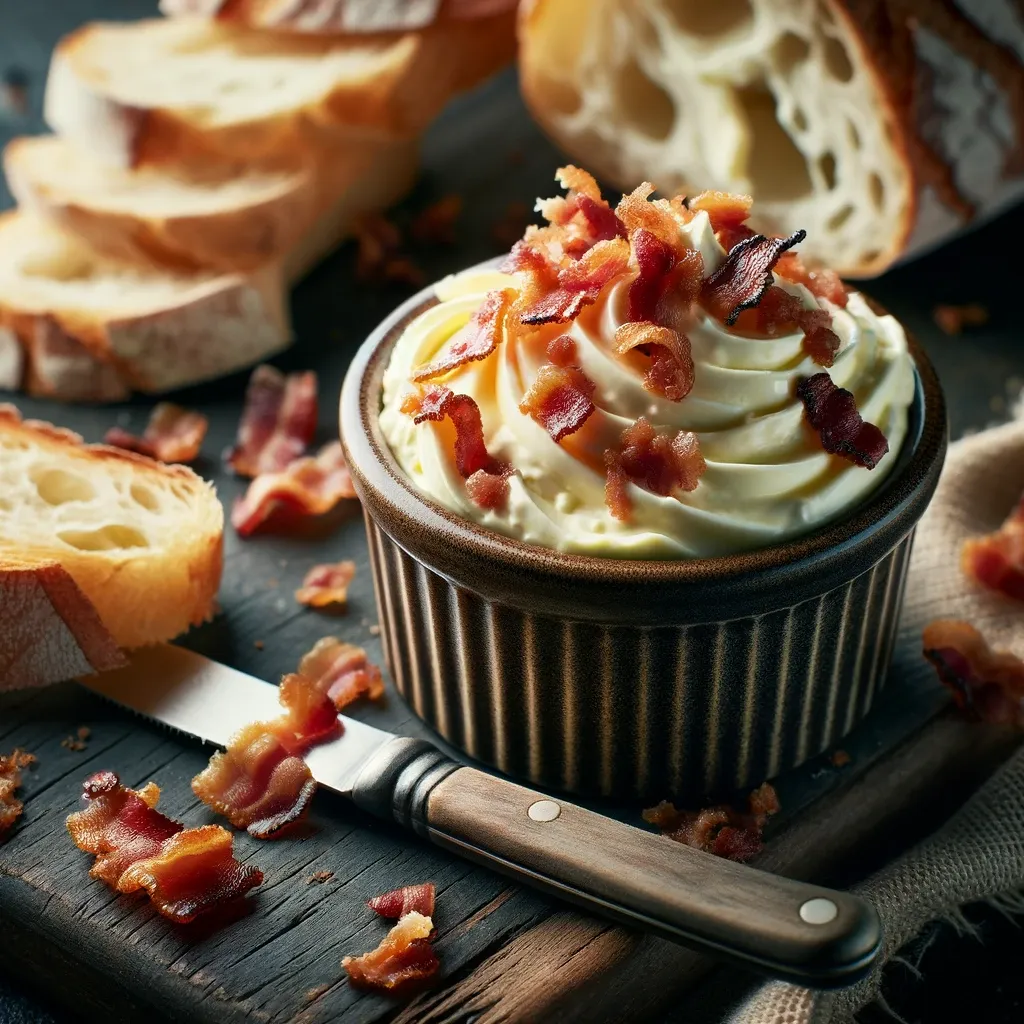 A bowl of creamy butter bacon spread topped with crispy bacon bits.