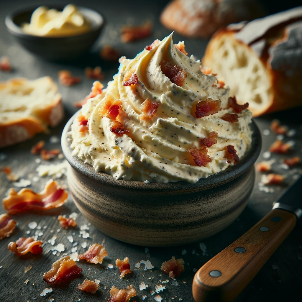 A ramekin filled with creamy butter topped with crumbled bacon pieces, placed on a wooden surface with slices of crusty bread in the background.