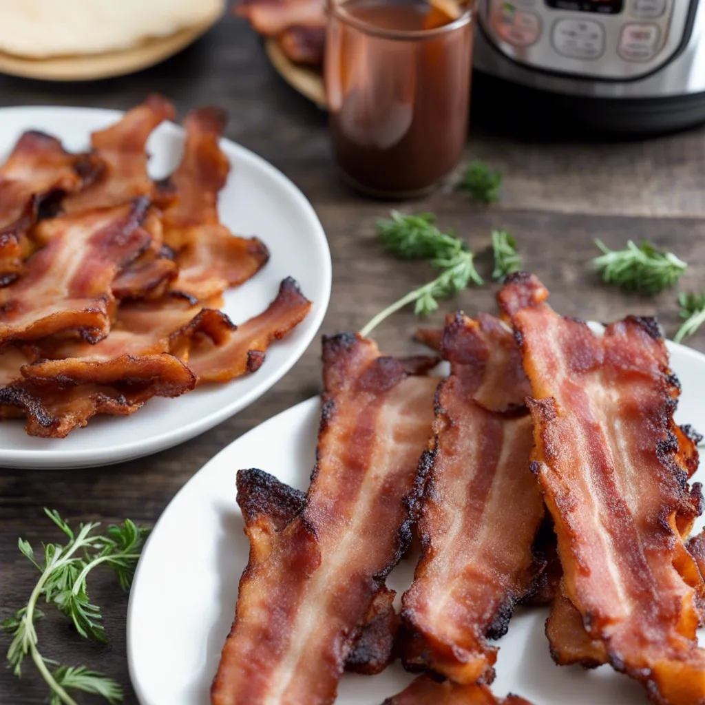 A plate of crispy bacon set on a breakfast table with the Instant Pot in the background