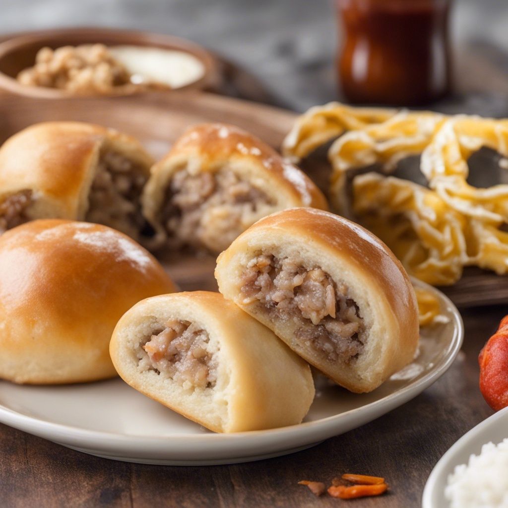 A glossy, golden-brown baked Boudin Kolache sliced open to reveal a hearty filling of rice and meat on a ceramic plate.