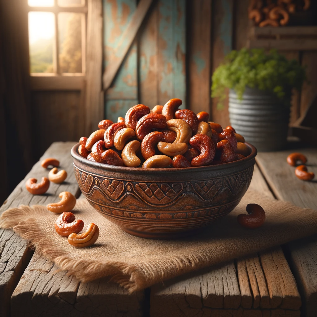 A decorative bowl filled to the brim with a mix of candied cashews on a rustic wooden table. A piece of natural fiber cloth underlines the bowl, with a few nuts scattered around it.