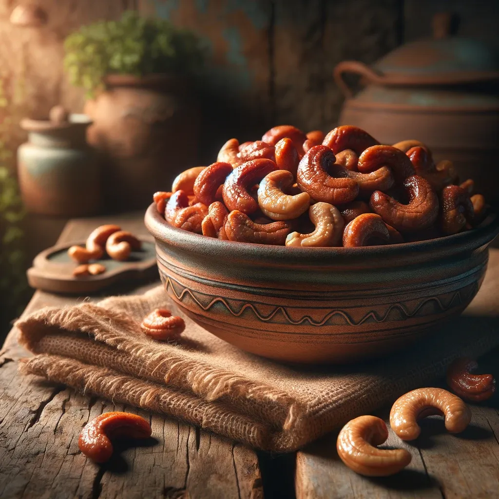 Beautifully glossy candied cashews served in a rustic bowl