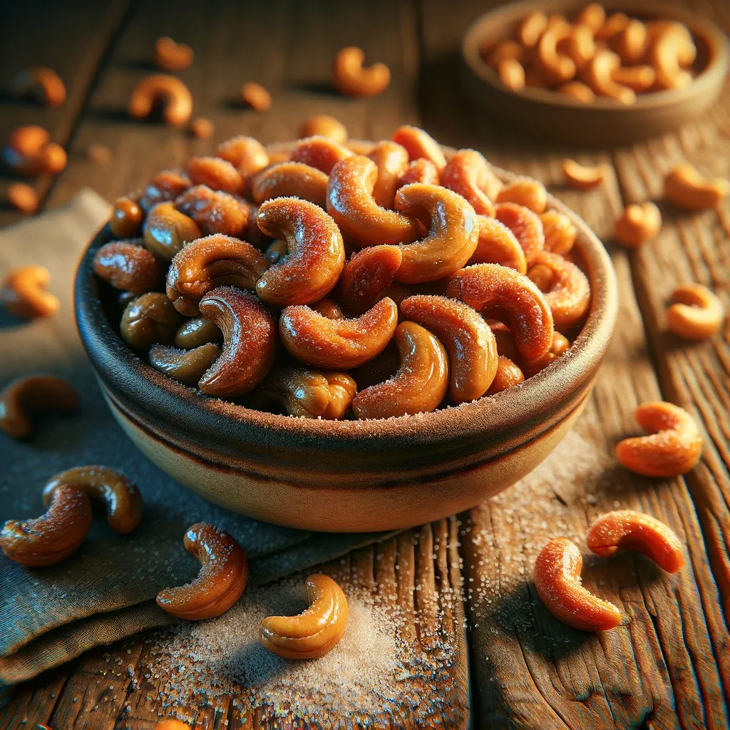 Delicious candied cashews sprinkled with sugar in a rustic serving bowl