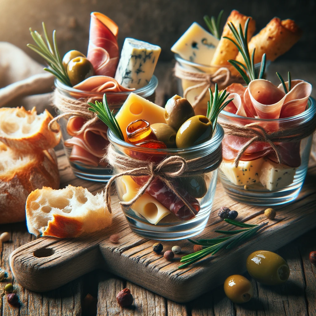 An array of individual charcuterie cups filled with an assortment of gourmet snacks including a variety of cheeses, cured meats, fresh fruit, and olives, each beautifully arranged. The cups are arranged on wooden chopping boards with different ingredients surrounding them.