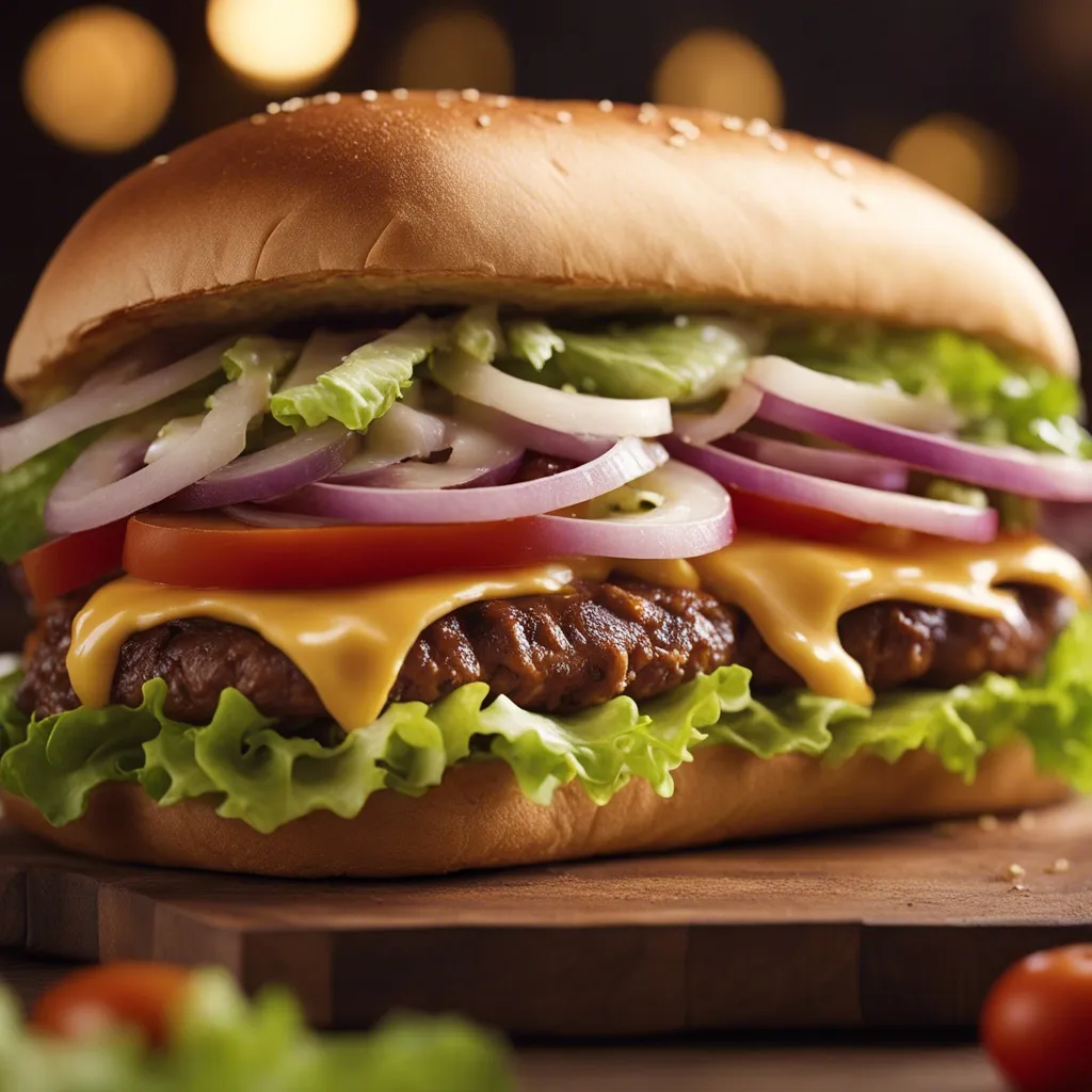 A delicious cheeseburger sub with lettuce, melted cheese, tomatoes and red onion