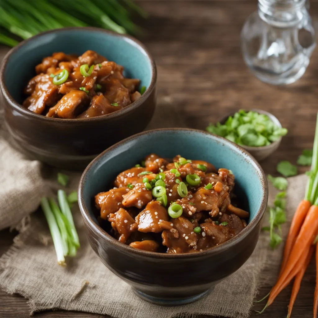 Two bowls of beautiful Mongolian Chicken garnished with green onions with herbs scattered round.