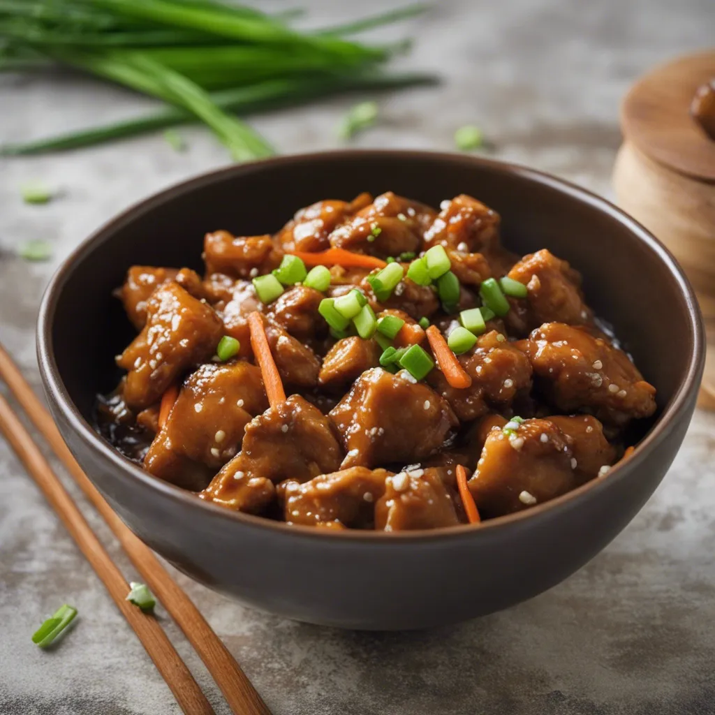 A bowl of Mongolian Chicken garnished with spring onion with chopsticks to the side of it.