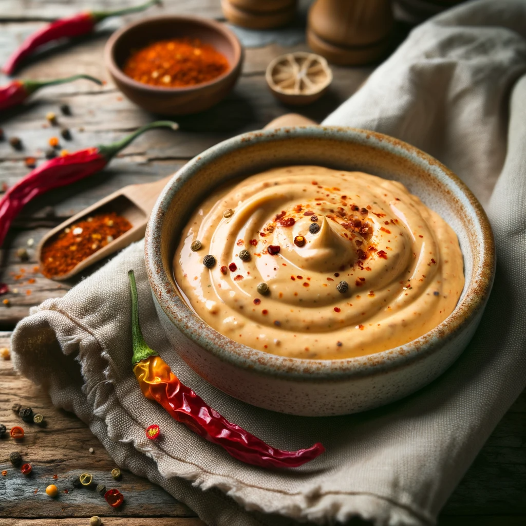 A smooth, creamy chili aioli dip with a sprinkling of red pepper flakes and whole peppercorns, served in a speckled ceramic bowl. The bowl rests on a natural linen cloth on a rustic wooden table, with vibrant red chili peppers, and a scoop of spices in the background.
