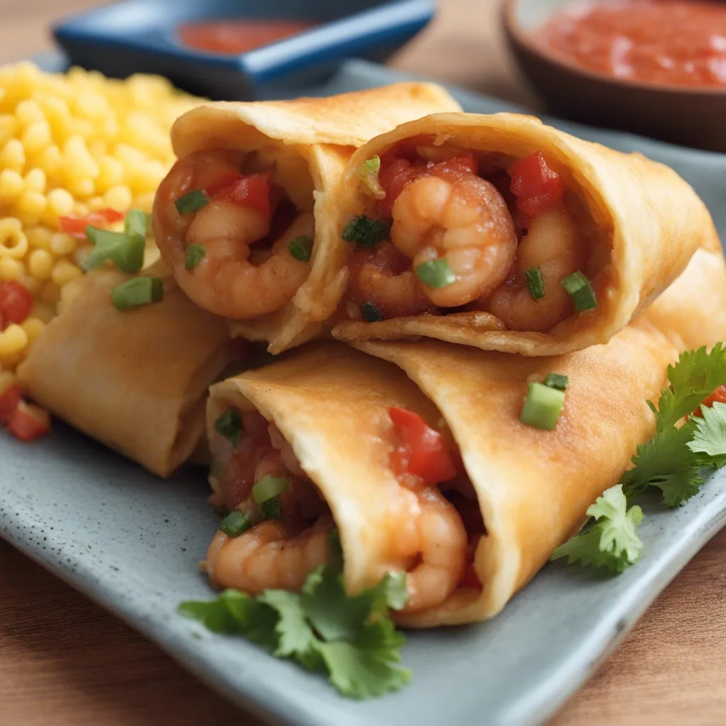 Stacked shrimp chimichangas garnished with cilantro and served with corn.