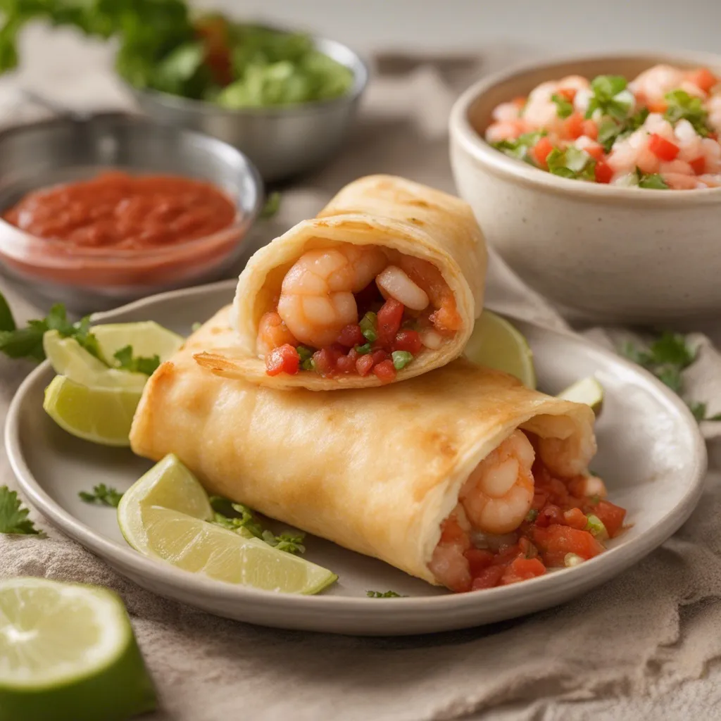 Crispy, golden-brown shrimp chimichangas stacked on a plate served with limes and salsa.