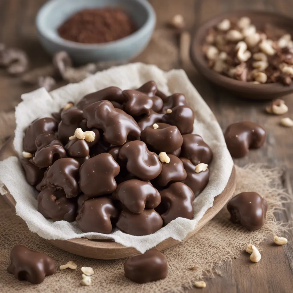 chocolate-covered cashew clusters on a rustic wooden kitchen surface