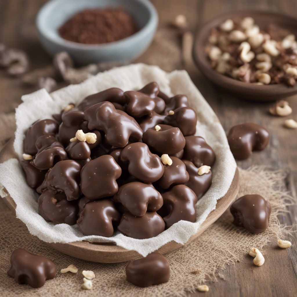 A bowl of beautiful chocolate-covered cashews served in a wooden bowl with some flakes of nuts on the top.