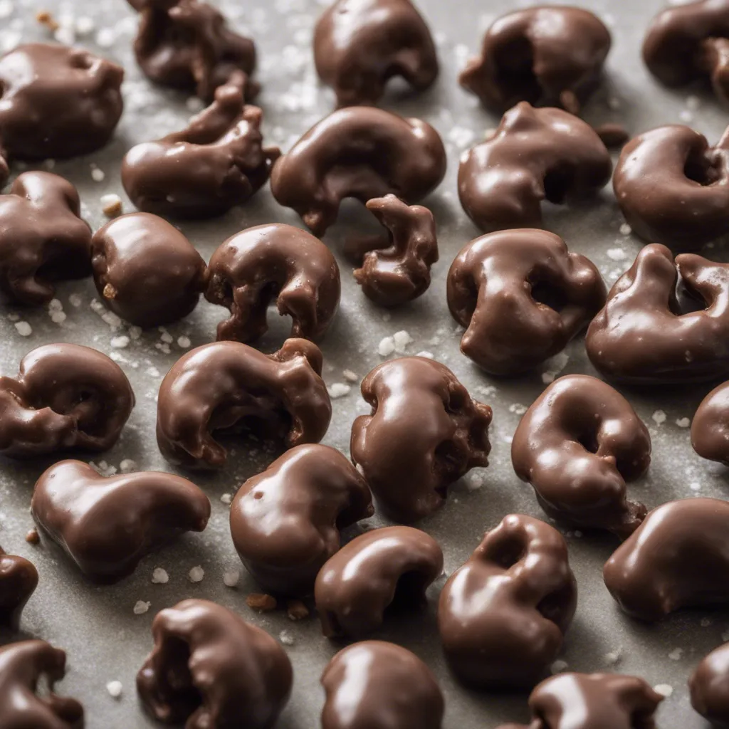 chocolate-covered cashew clusters on a sheet of baking paper with some sea salt sprinkled