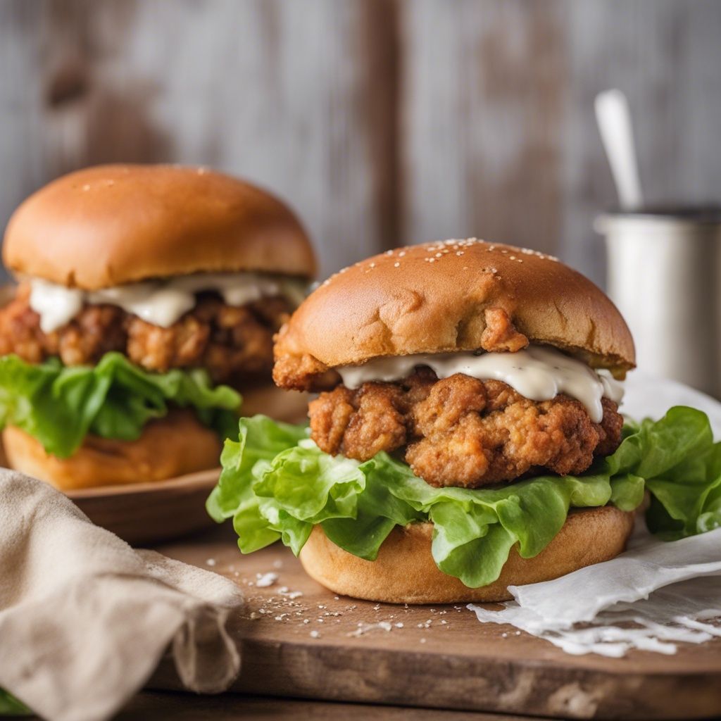 A Chuckwagon Sandwich with a crispy chicken-fried steak, fresh lettuce, sliced tomatoes, and creamy sauce on a crusty bread roll. It is served on a wooden cutting board, with a kitchen scene visible in the background.