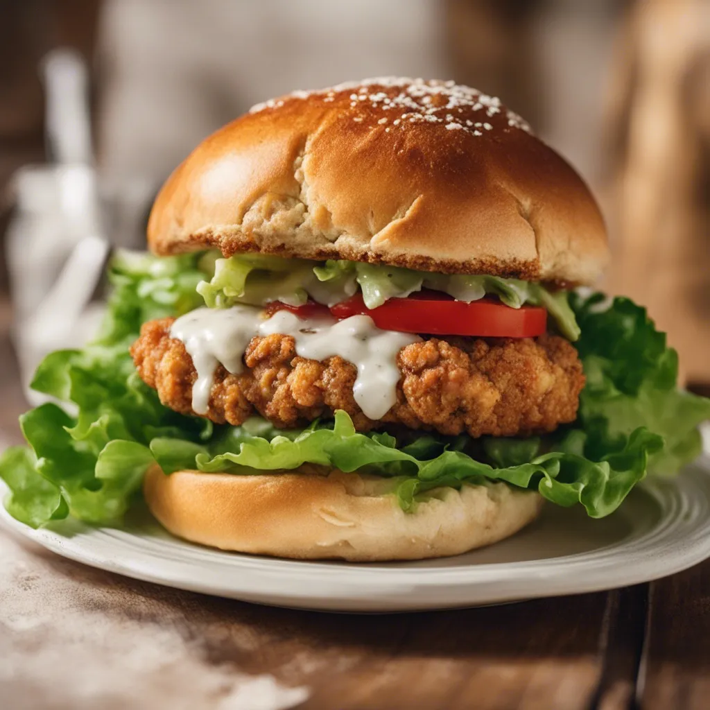 Chuckwagon sandwich with a crispy fried steak, lettuce, tomato and mayo served with artisan bread