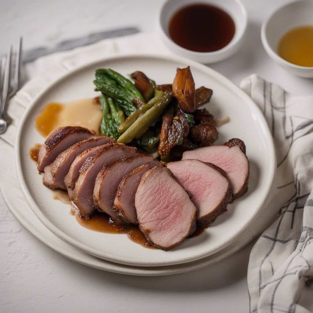 A beautifully sous vide duck breast, sliced and arranged to showcase its perfectly cooked center. The duck is garnished with fresh herbs which complement the rich flavor of the meat and served with charred vegetables.