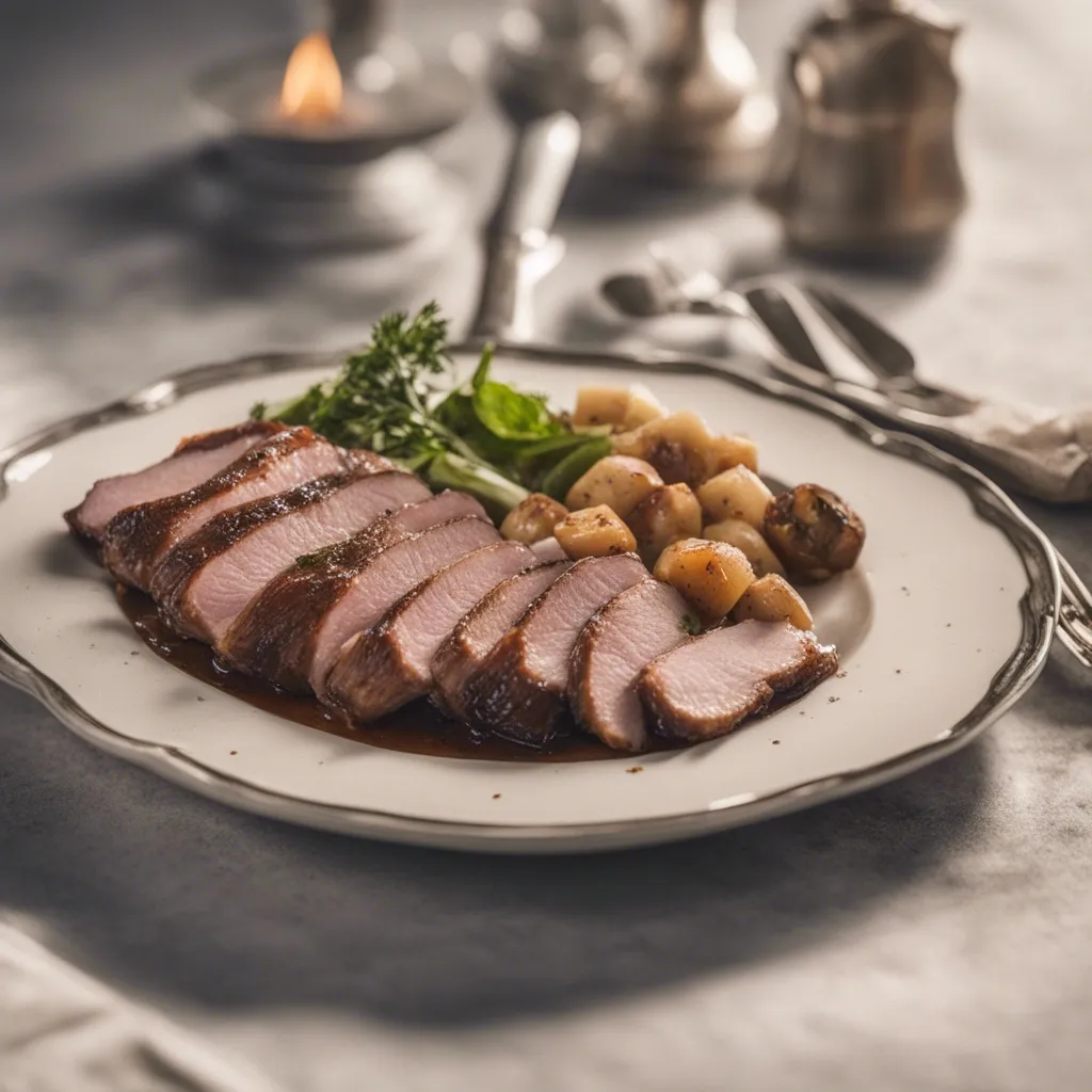 Sliced duck breast served on a plate and garnished served with roasted potatoes and vegetables.