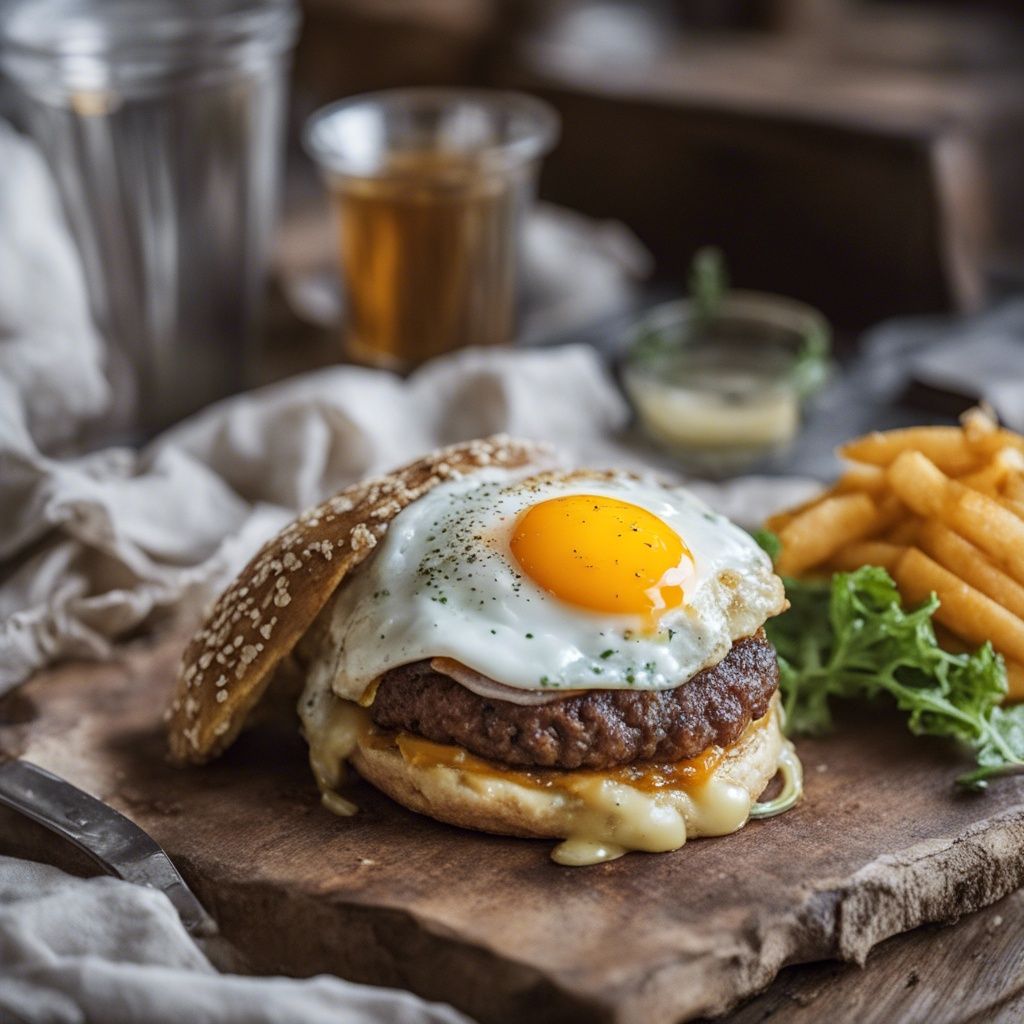 An egg burger with the top bun to the side to show off the beautiful golden yolk of the egg with a side of fries beside it..