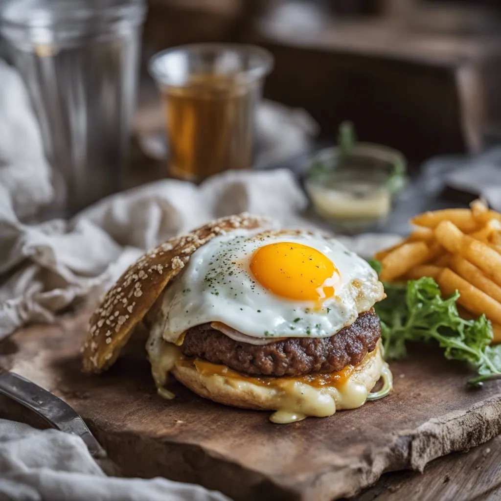 An egg burger with the top bun to the side to show off the beautiful golden yolk of the egg with a side of fries beside it.