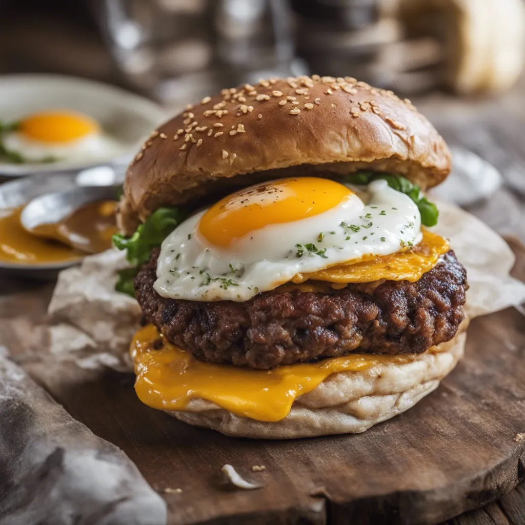 An egg burger with the top bun to the side to show off the beautiful golden yolk of the egg with a side of fries beside it.