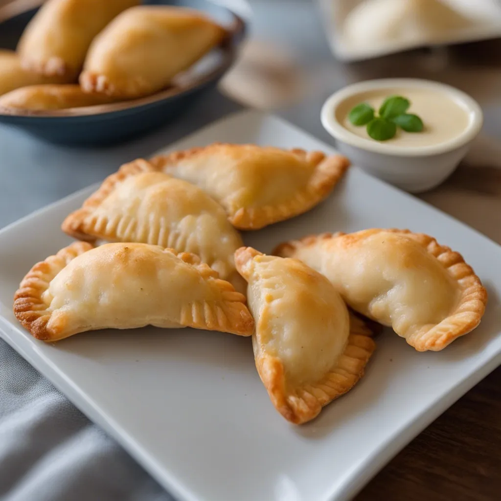 Shrimp empanadas on a baking sheet with cilantro around it and served with tomato based sauce and salsa.