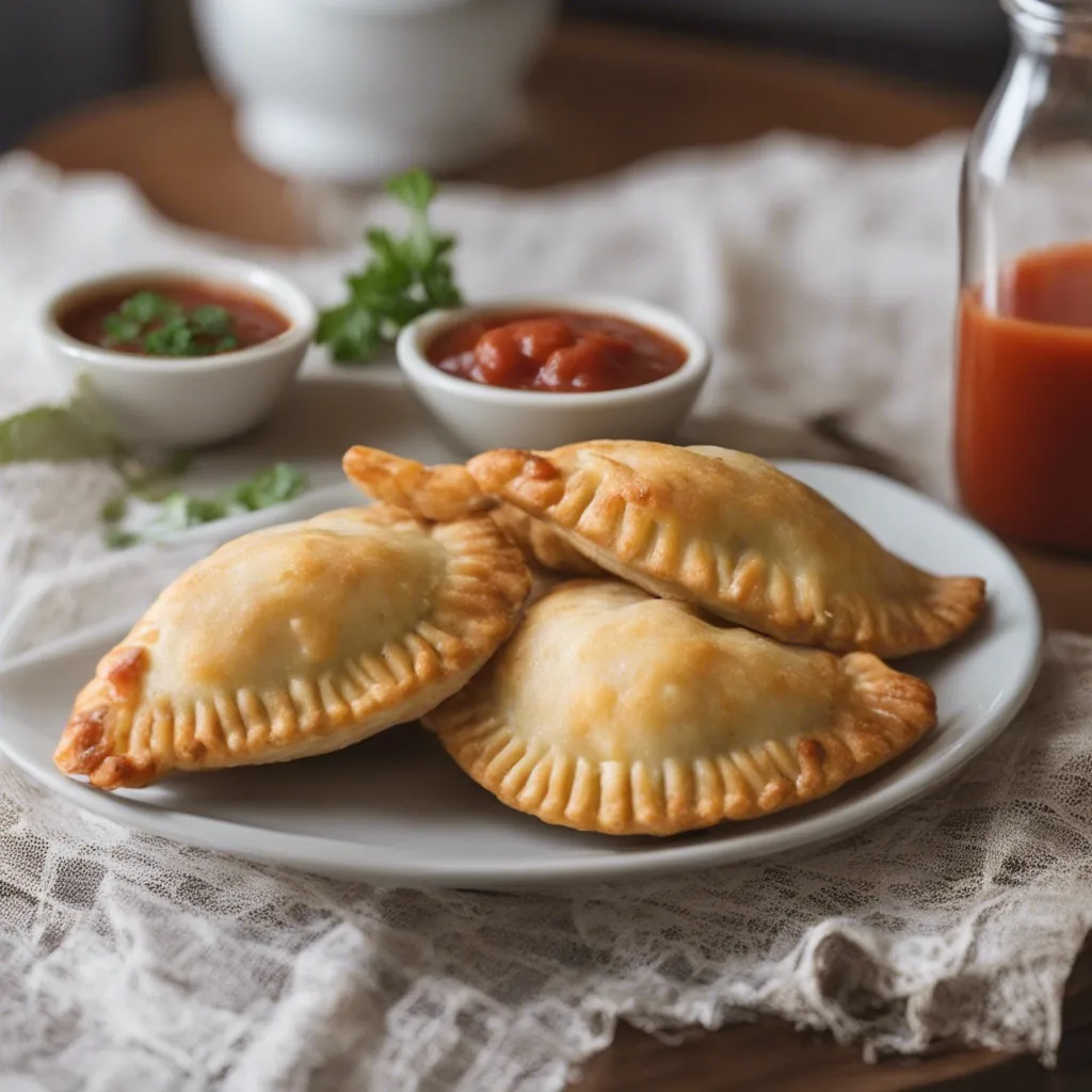 Shrimp empanadas on a baking sheet with cilantro around it and served with tomato based sauce and salsa.