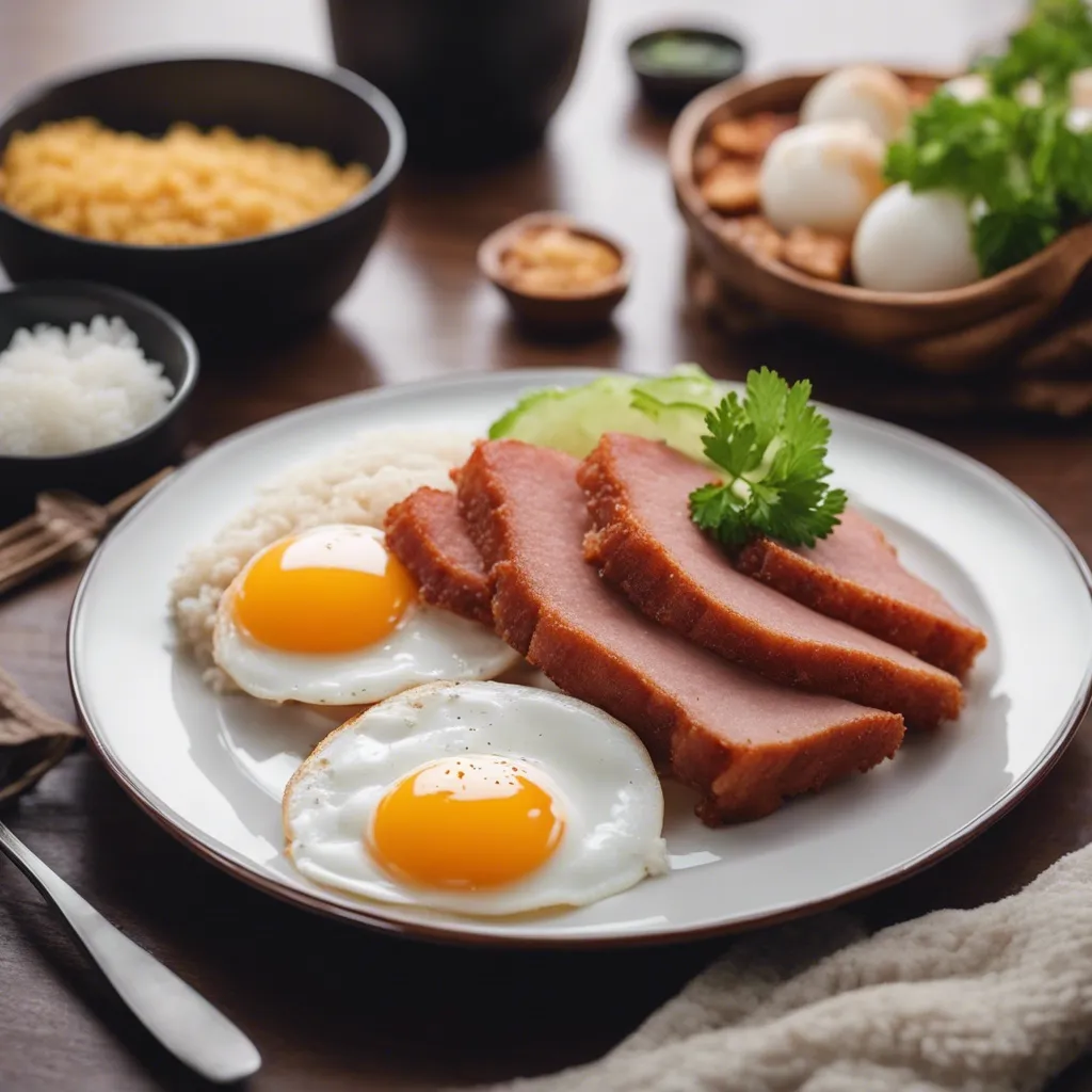A plate of fried spam slices with a sunny-side-up egg and a scoop of white rice, steaming hot and ready to eat, garnished with parsley.