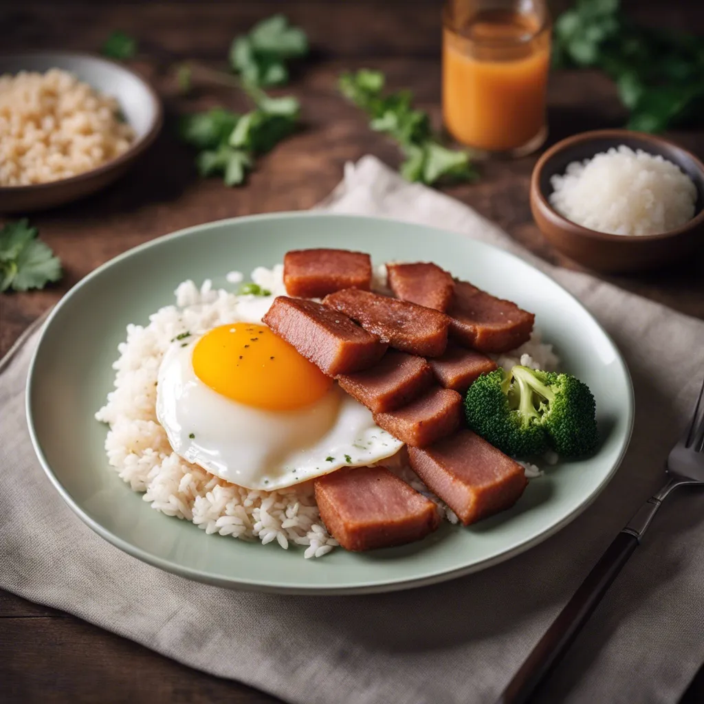 A close-up view of crispy fried spam served with fluffy white rice topped with two fried eggs.