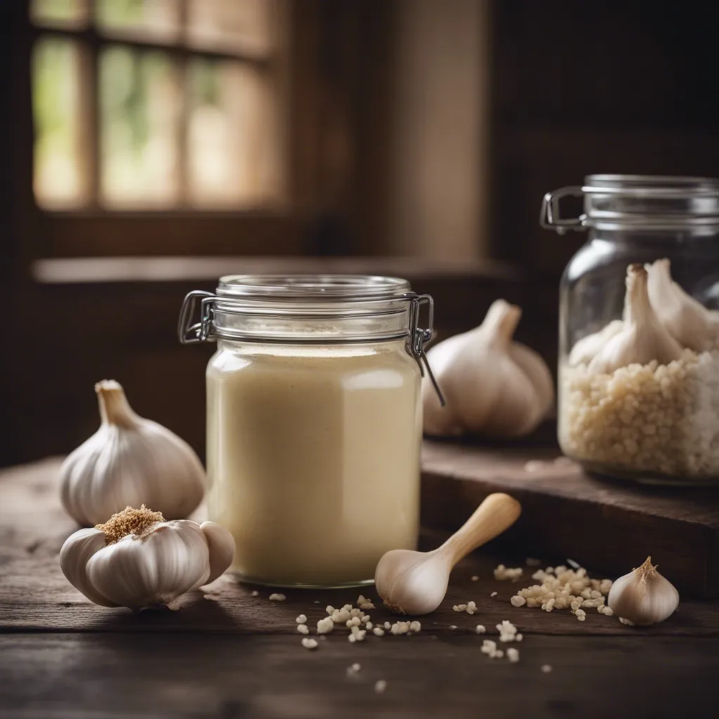 A clear jar of homemade garlic paste with a garlic cloves and bulbs scattered around it.