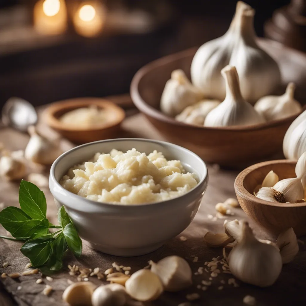 Garlic paste in a bowl with garlic cloves on chopping board