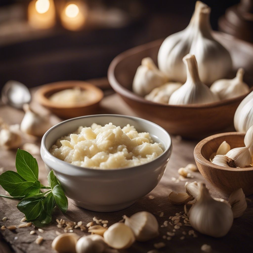 A rustic bowl of garlic paste on a dark wooden kitchen surface, surrounded by whole garlic bulbs and individual cloves.