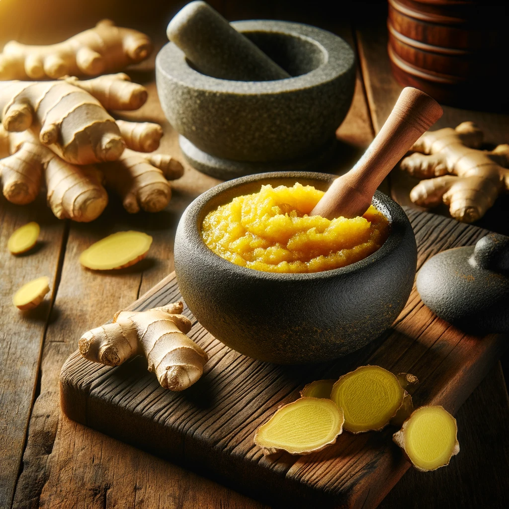 A stone bowl filled with a beautiful ginger paste, slices of ginger are on the rustic wooden cutting board beneath the bowl and a mortar and pestle and whole knobs of ginger sit in the background.