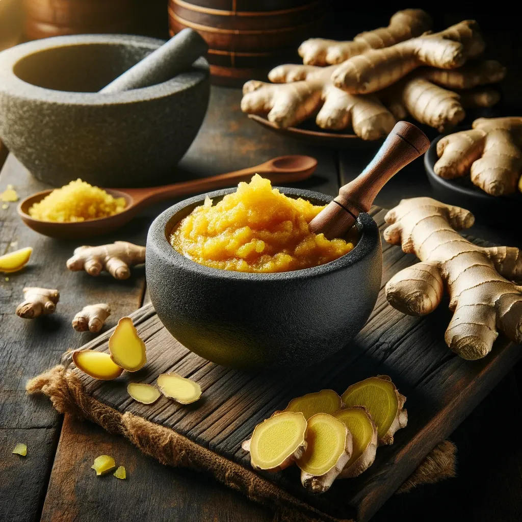 Beautiful, vibrant ginger paste in a bowl with a wider lens also displaying ginger in the background