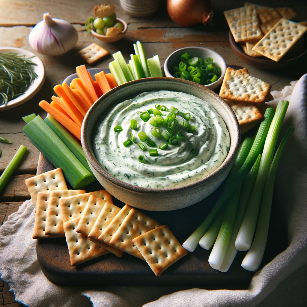 A bowl of creamy green onion dip garnished with finely chopped green onions. The dip is served with a variety of fresh vegetables, including carrot sticks, celery, and whole green onions, as well as a selection of crackers neatly arranged on a wooden board.