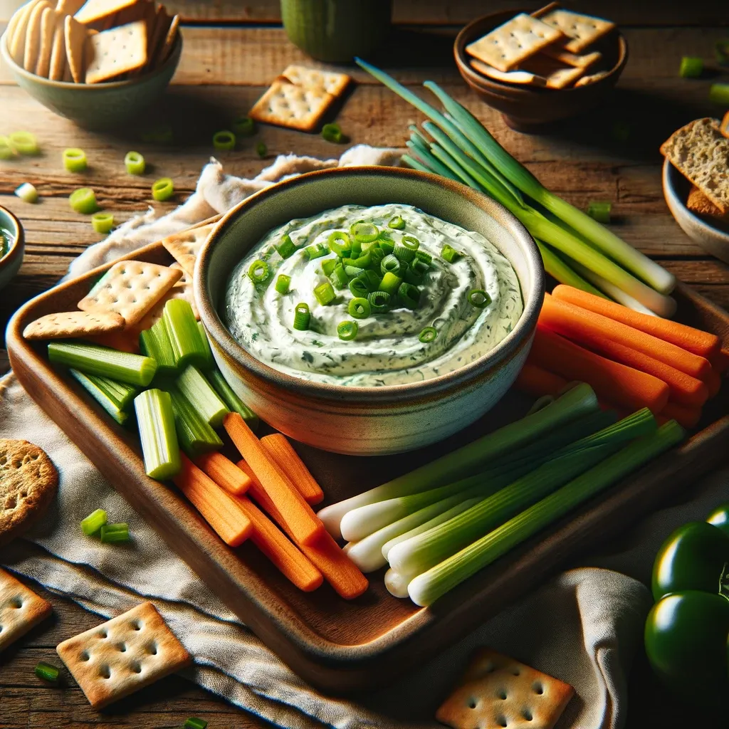 A bowl of creamy green onion dip garnished with chopped scallions, surrounded by carrot sticks, celery, crackers, and sliced bread on a rustic wooden board.