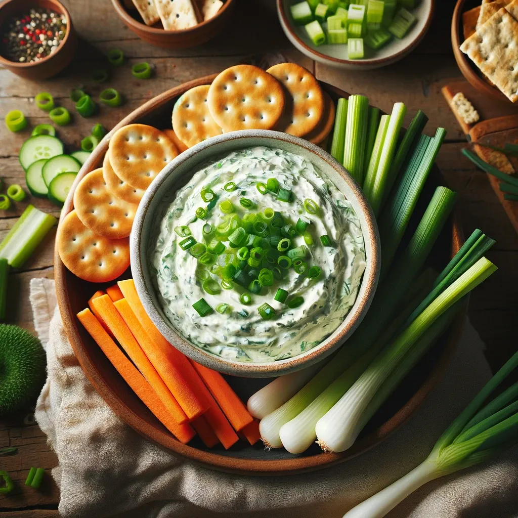 A bowl of green onion dip topped with scallion slices, presented on a wooden tray with carrot sticks, celery, crackers, cucumber slices, and whole green onions.