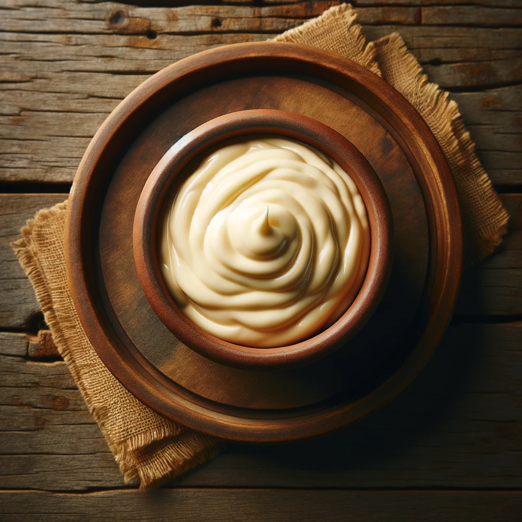 A bowl of creamy, smooth homemade mayonnaise placed on a cloth on a wooden table.