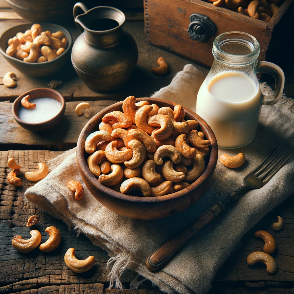 A bowl full of honey roasted cashews placed on a rustic wooden table served with a jar of milk. The background shows another bowl of cashew nuts, a small bowl of sugar and other small kitchen utensils.