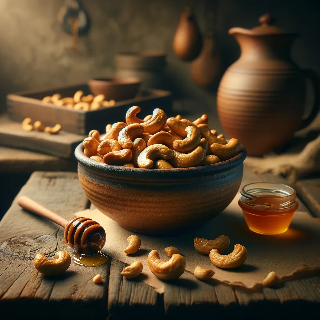 honey roasted cashews in a bowl with a small bowl of honey to the side