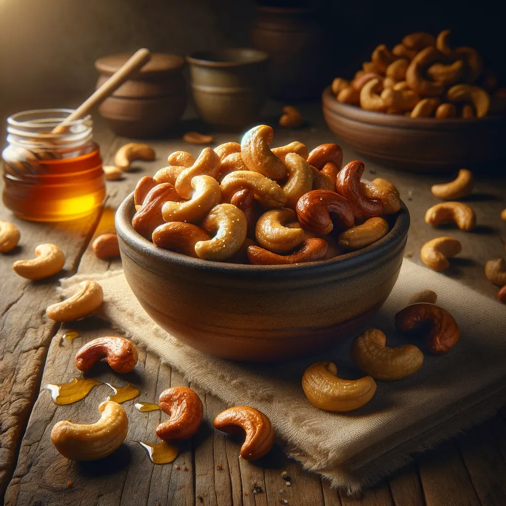 Beautifully glazed honey roasted cashews in a bowl with a small bowl of honey to the side