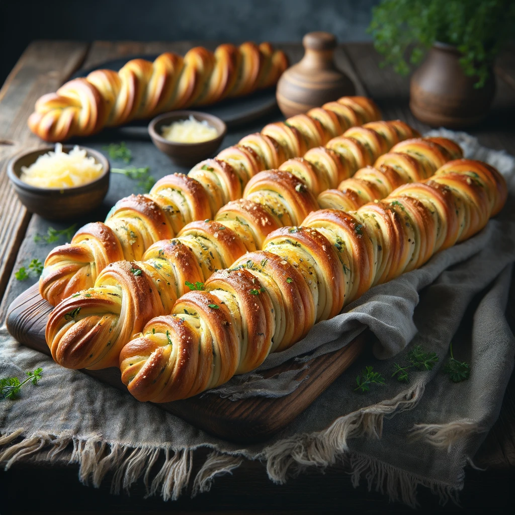 Italian twist breadsticks, garnished with herbs and possibly cheese, arranged beautifully on a wooden chopping board. The breadsticks have a golden-brown crust, and in the background, there are small bowls of shredded cheese and herbs.