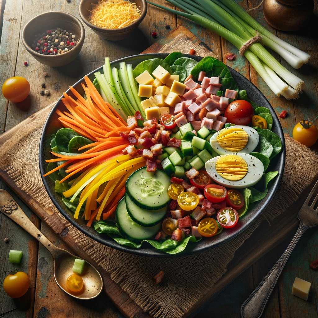 A vibrant, colorful julienne salad, artfully arranged in a circular pattern with various ingredients, such as, leafy greens, bright yellow and orange bell pepper strips, cucumber slices, cherry tomatoes, cubed cheese, diced ham, and hard-boiled eggs, each with a sprinkle of cracked black pepper on top. Crispy bacon bits are scattered across the center of the dish, and ingredients like whole tomatoes, green onions, and a bowl of peppercorns frame the salad in the photo.