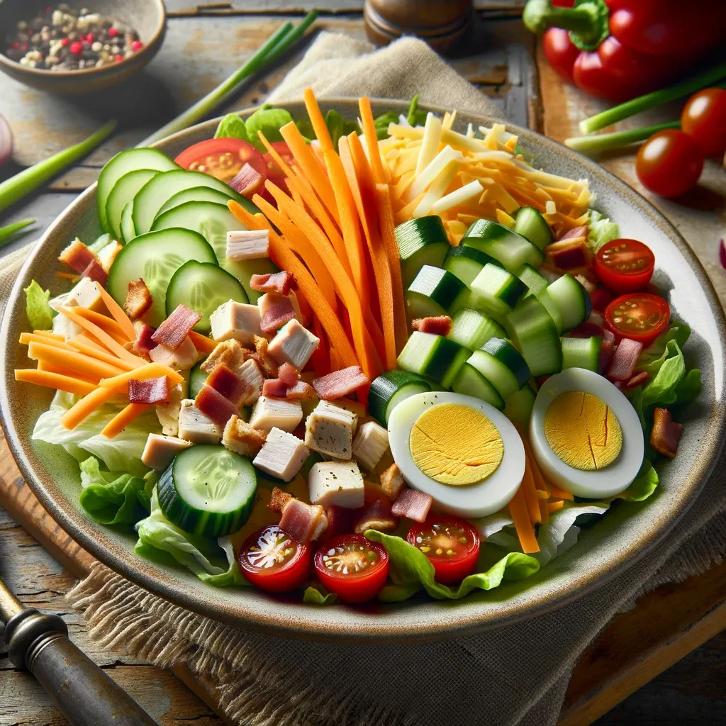 Beautifully served julienne salad with julienne vegetables and cubed chicken and sliced bacon.