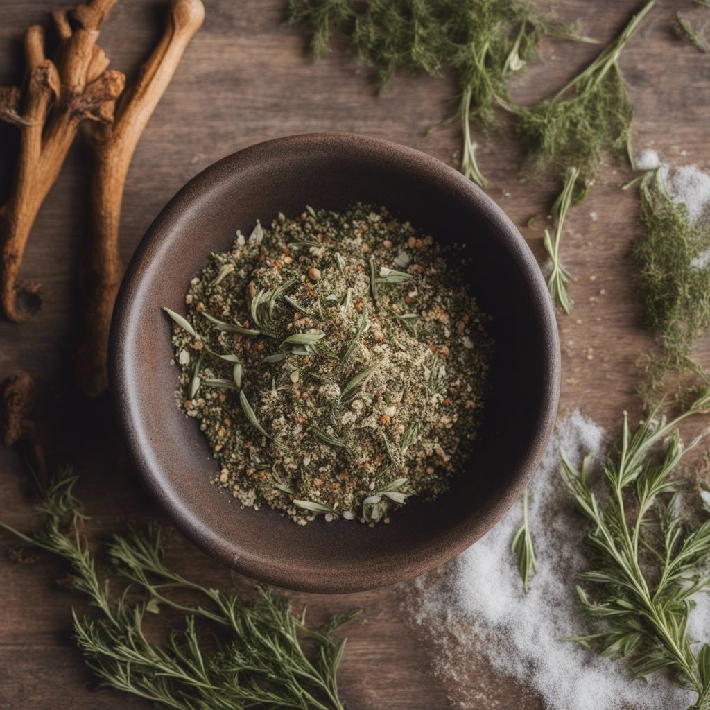 A bowl filled with a mix of herbs and spices for lamb seasoning, including salt, pepper, garlic powder and dried rosemary. Scattered around the bowl are more spices and herbs on a rustic wooden surface.