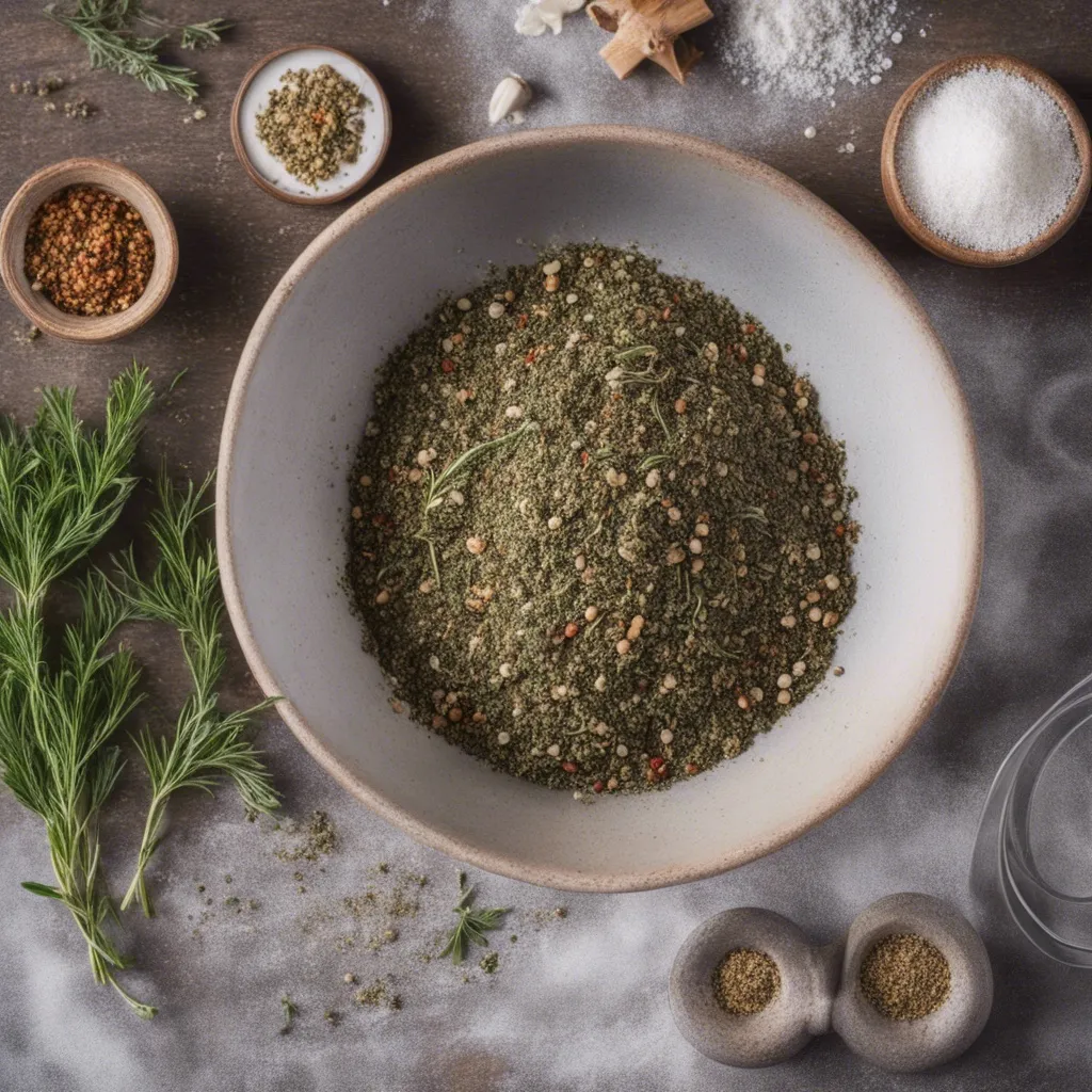 A bowl of mixed lamb seasoning, including pepper, salt and dried herbs with spices and other herbs surrounding the bowl.