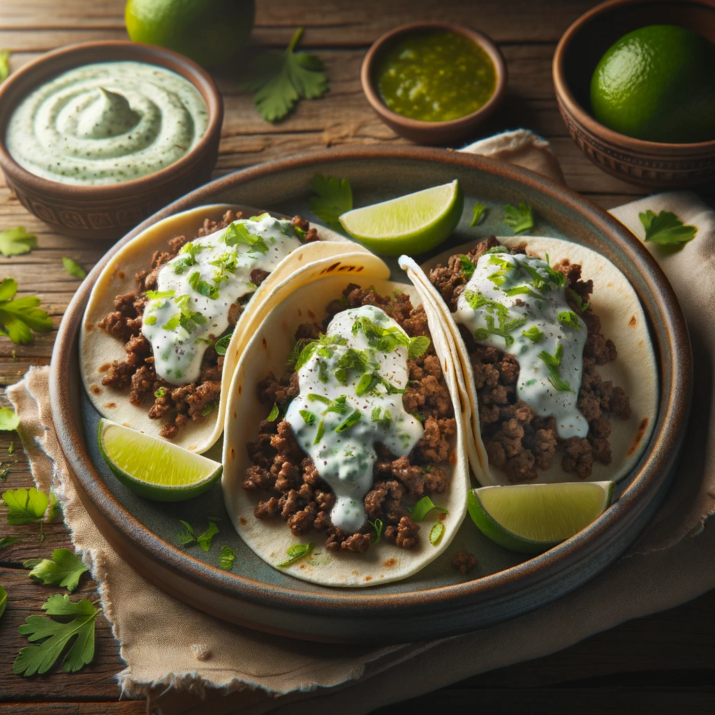 Three tacos filled with ground lamb and topped with a creamy, herby tzatziki sauce; the tacos are garnished with chopped cilantro and served with lime wedges on a rustic ceramic plate. In the background, there are bowls that contain additional tzatziki sauce and salsa.